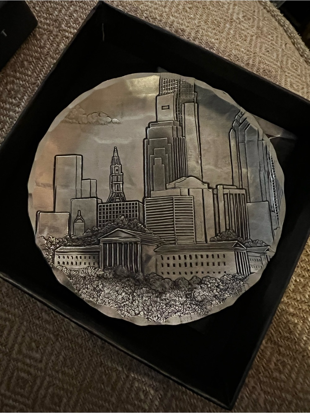 Decorative Cityscape Pewter Plate - Silver Tone Philadelphia Skyline Display